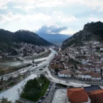 Panorama of Berat old town and the Osum River in Albania, with the Mangalem quarter climbing towards the castle hill
