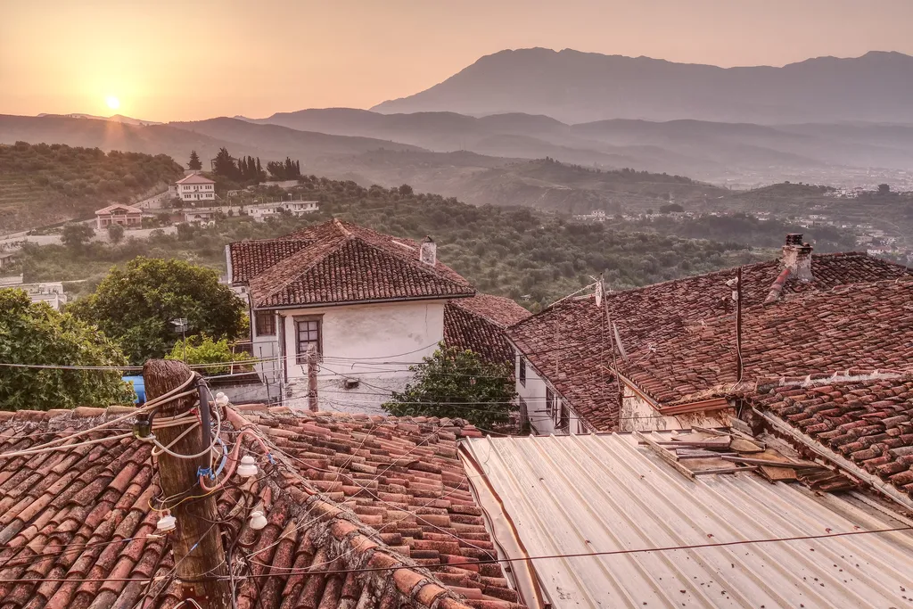 Sunrise over the tiled rooftops of Berat old town, Albania