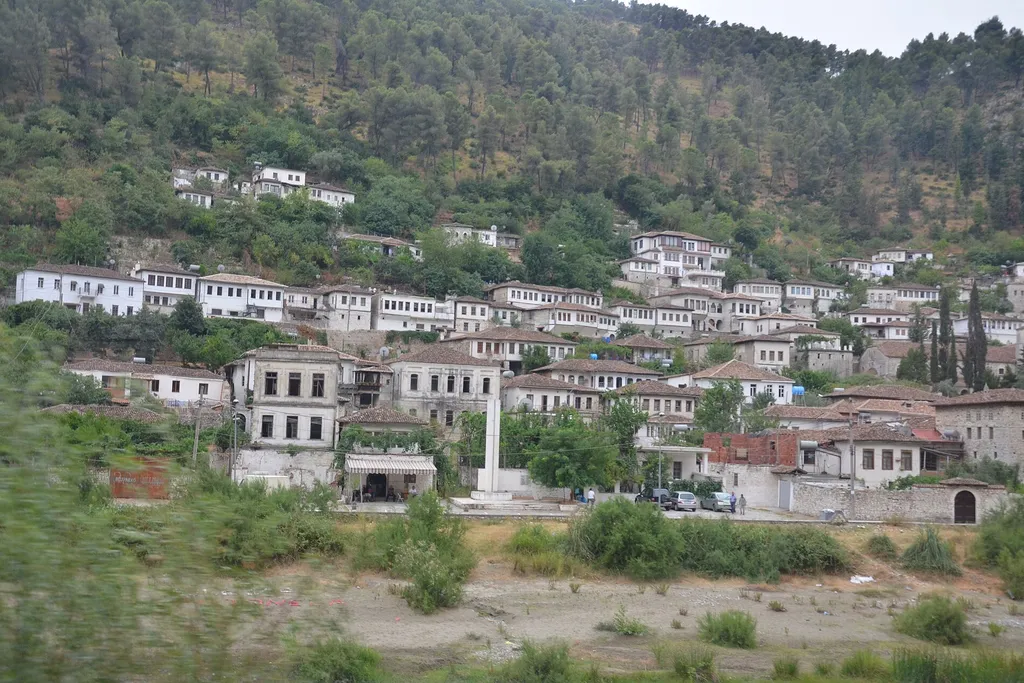 White Ottoman houses of Berat old town climbing the hill below the castle, the city of a thousand windows in Albania
