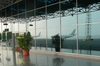 Inside a terminal at Cairo International Airport, looking out over the apron - the airport most visitors to Egypt arrive through