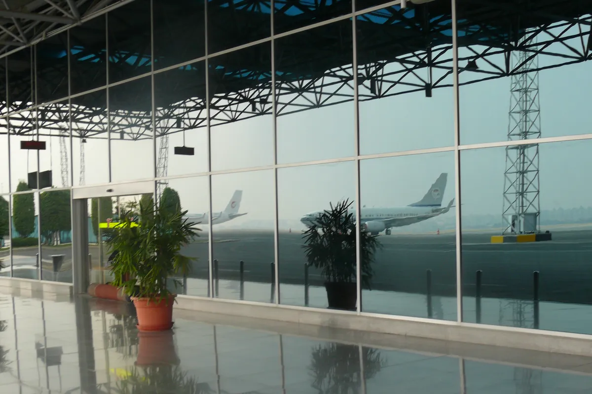 Inside a terminal at Cairo International Airport, looking out over the apron - the airport most visitors to Egypt arrive through