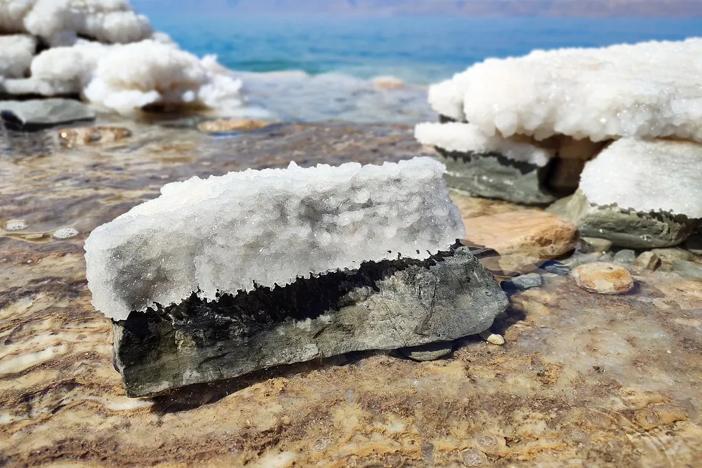 Salt-crusted rocks on the Jordanian shore of the Dead Sea