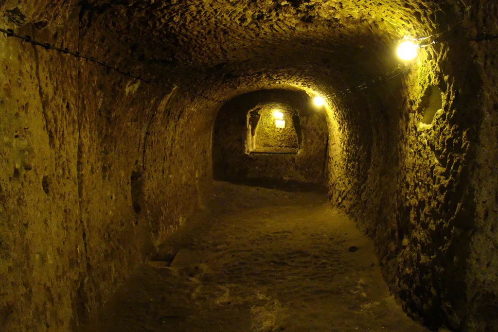A lit passage inside the Derinkuyu underground city in Cappadocia