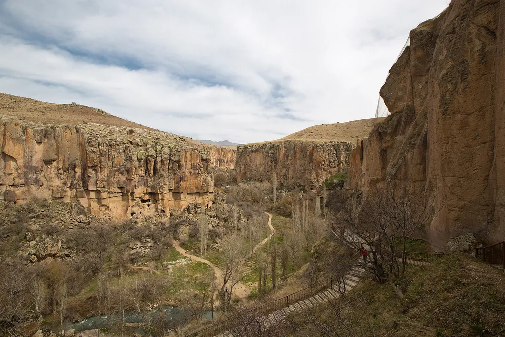 The Ihlara Valley canyon in Cappadocia, with the Melendiz river and the walking path below the cliffs