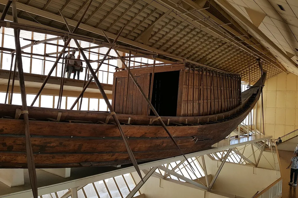 Khufu's reconstructed solar boat, the 4,600-year-old cedar ship now housed at the Grand Egyptian Museum