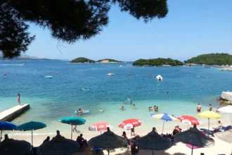 Ksamil beach and small islands on the Albanian Riviera in southern Albania