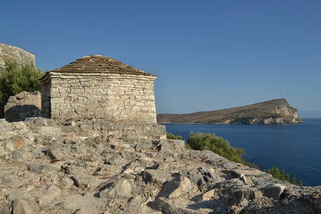 The fortress of Porto Palermo on its peninsula in the bay on the Albanian Riviera