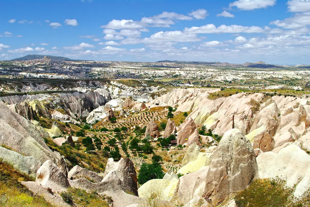 Rose Valley in Cappadocia, with its pale pink rock ridges, fairy chimneys and orchards