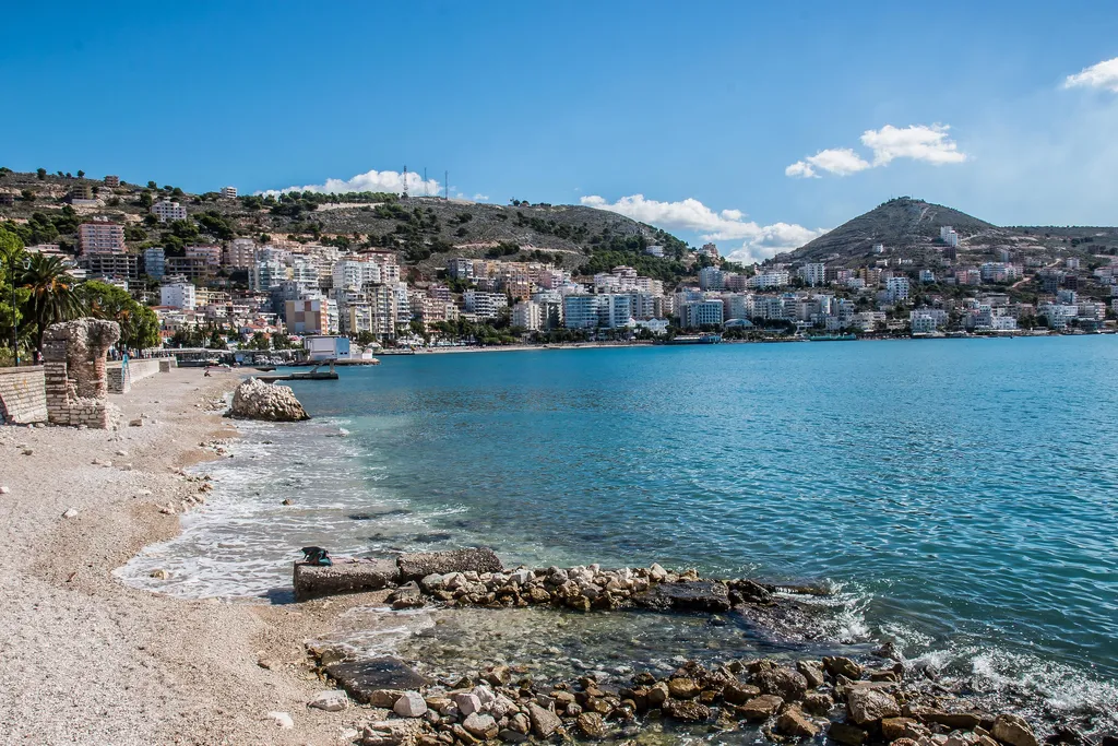 Sarande bay and town beach on the Ionian coast of southern Albania
