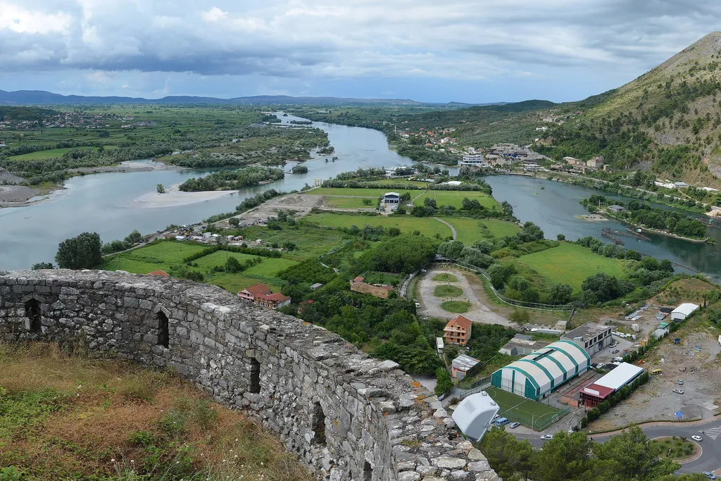 View over the lake plain and rivers from Rozafa Castle above Shkoder, Albania