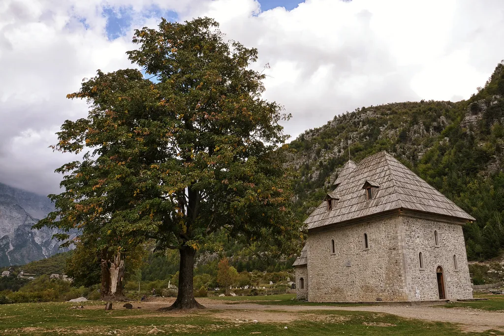 The stone church at Theth village in the Albanian Alps