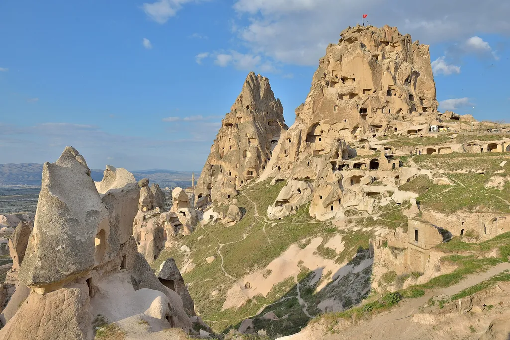 Uçhisar Castle, the great rock citadel honeycombed with carved rooms, in Cappadocia